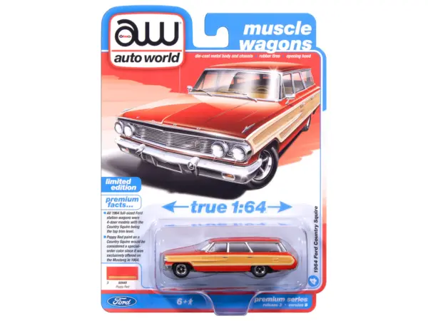 1964 Ford Country Squire Poppy Red with Woodgrain Sides "Muscle Wagons" Series 1/64 Diecast Model Car by Auto World #3