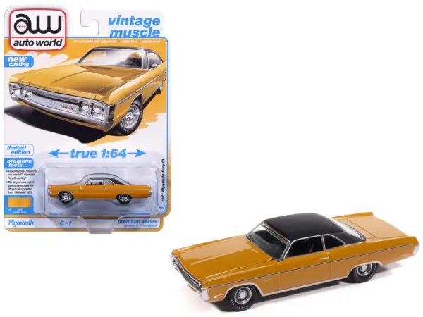1971 Plymouth Fury III Bahama Yellow with Black Top "Vintage Muscle" Series 1/64 Diecast Model Car by Auto World #1
