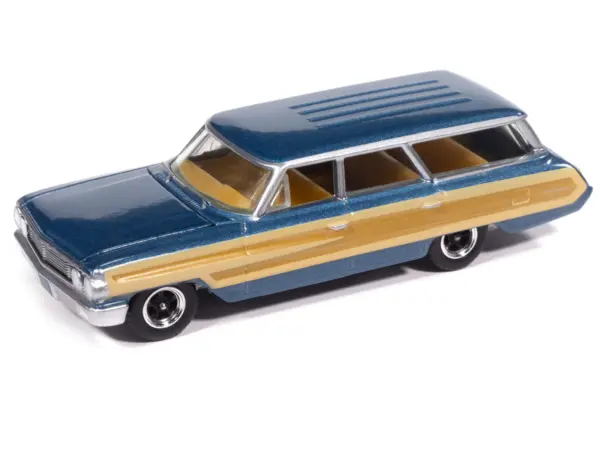 1964 Ford Country Squire Guardsman Blue Metallic with Woodgrain Sides "Muscle Wagons" Series 1/64 Diecast Model Car by Auto World #2