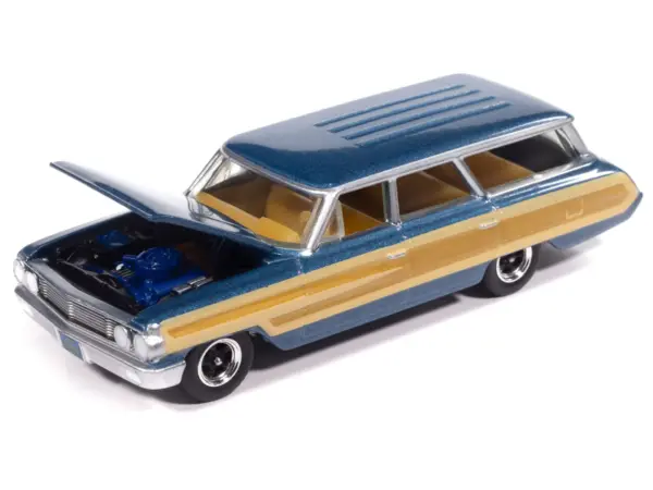 1964 Ford Country Squire Guardsman Blue Metallic with Woodgrain Sides "Muscle Wagons" Series 1/64 Diecast Model Car by Auto World #3