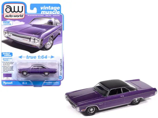 1971 Plymouth Fury III In-Violet Metallic with Black Top "Vintage Muscle" Series 1/64 Diecast Model Car by Auto World #1
