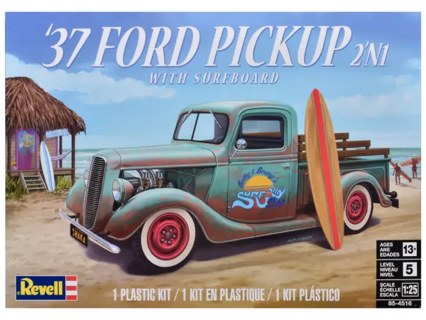 Level 5 Model Kit 1937 Ford Pickup Truck with Surfboard 2-in-1 Kit 1/25 Scale Model by Revell #1