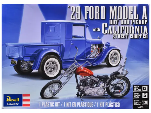 Level 5 Model Kit 1929 Ford Model A Hot Rod Pickup Truck and California Street Chopper Motorcycle 1/25 Scale Model by Revell #1