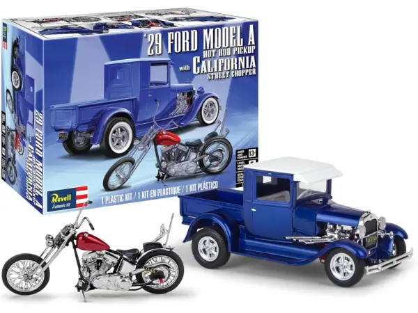 Level 5 Model Kit 1929 Ford Model A Hot Rod Pickup Truck and California Street Chopper Motorcycle 1/25 Scale Model by Revell #2