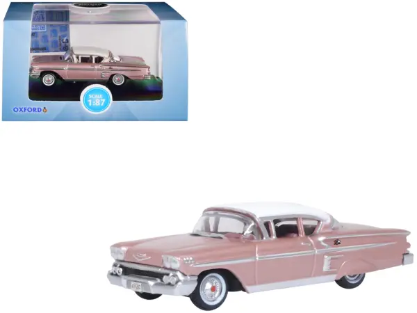 1958 Chevrolet Impala Sport Cay Coral Pink Metallic with White Top 1/87 (HO) Scale Diecast Model Car by Oxford Diecast #1