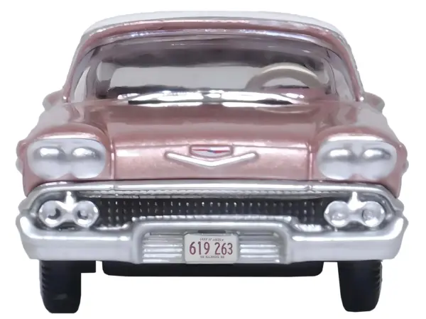 1958 Chevrolet Impala Sport Cay Coral Pink Metallic with White Top 1/87 (HO) Scale Diecast Model Car by Oxford Diecast #3