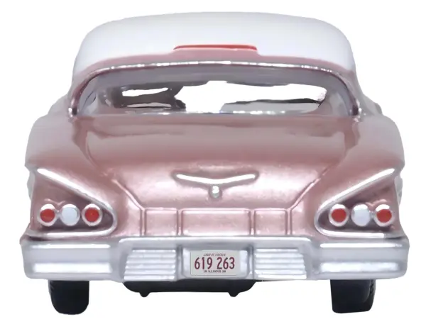 1958 Chevrolet Impala Sport Cay Coral Pink Metallic with White Top 1/87 (HO) Scale Diecast Model Car by Oxford Diecast #4
