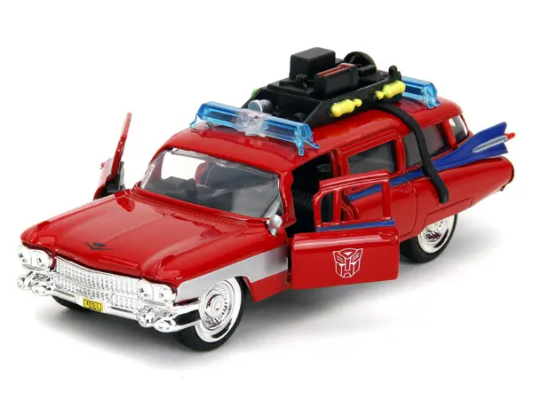 1959 Cadillac Ambulance Ecto-1 Red "Transformers" TV Series - "Ghostbusters" (1984) Movie Crossover "Hollywood Rides" Series 1/32 Diecast Model Car by Jada #2