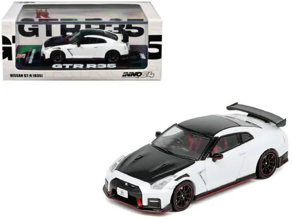 Nissan GT-R (R35) Nismo RHD (Right Hand Drive) White with Carbon Hood and Top 1/64 Diecast Model Car by Inno Models #1