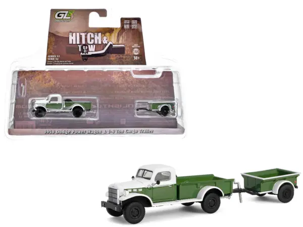 1950 Dodge Power Wagon Pickup Truck Green and White with 1/4 Ton Cargo Trailer Green "Hitch & Tow" Series 32 1/64 Diecast Model Cars by Greenlight #1