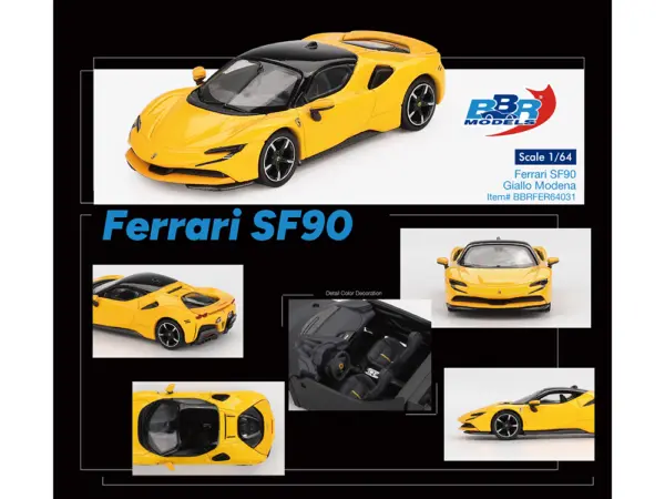 Ferrari SF90 Giallo Modena Yellow with Black Top 1/64 Diecast Model Car by BBR #4
