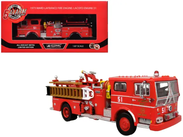 1973 Ward LaFrance Fire Engine "Los Angeles County Fire Department Engine 51" Red "5 Alarm" Series Limited Edition 1/87 (HO) Diecast Model by Iconic Replicas #1