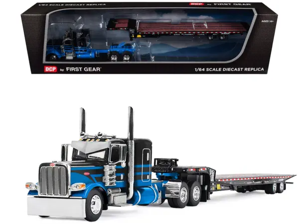Peterbilt 389 with 48" Flat Top Sleeper and Landoll 440B-50CA Traveling Axle Trailer Black with Blue Stripes 1/64 Diecast Model by DCP/First Gear #1