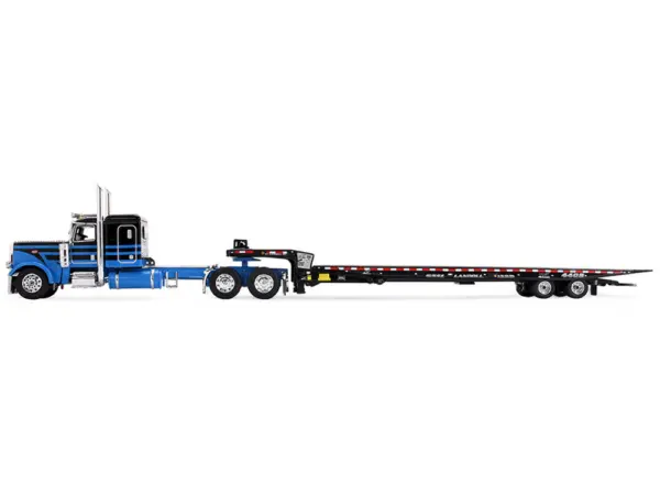 Peterbilt 389 with 48" Flat Top Sleeper and Landoll 440B-50CA Traveling Axle Trailer Black with Blue Stripes 1/64 Diecast Model by DCP/First Gear #2