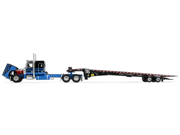 Peterbilt 389 with 48" Flat Top Sleeper and Landoll 440B-50CA Traveling Axle Trailer Black with Blue Stripes 1/64 Diecast Model by DCP/First Gear #3