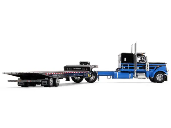 Peterbilt 389 with 48" Flat Top Sleeper and Landoll 440B-50CA Traveling Axle Trailer Black with Blue Stripes 1/64 Diecast Model by DCP/First Gear #4