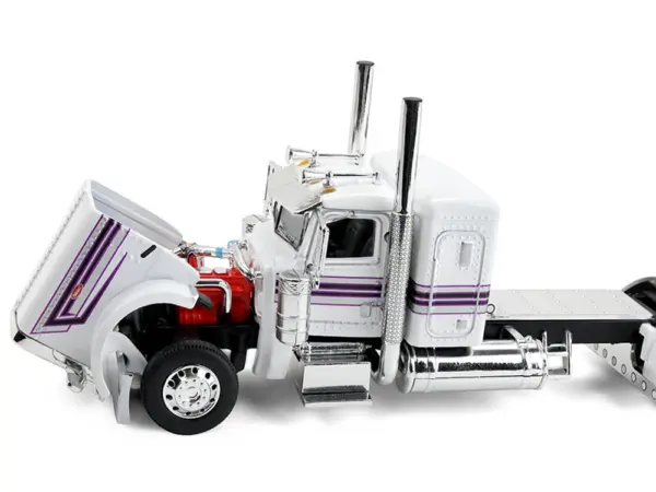 Peterbilt 389 with 36" Flat Top Sleeper and Fontaine Magnitude Lowboy Trailer White with Black Stripes 1/64 Diecast Model by DCP/First Gear #2