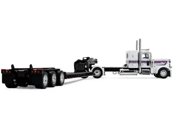 Peterbilt 389 with 36" Flat Top Sleeper and Fontaine Magnitude Lowboy Trailer White with Black Stripes 1/64 Diecast Model by DCP/First Gear #3