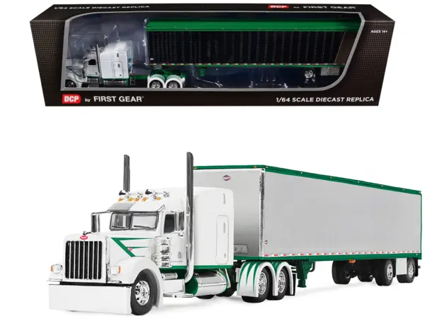 Peterbilt 389 with 63" Mid-Roof Sleeper and 53' Utility Trailer White with Green Stripes 1/64 Diecast Model by DCP/First Gear #1