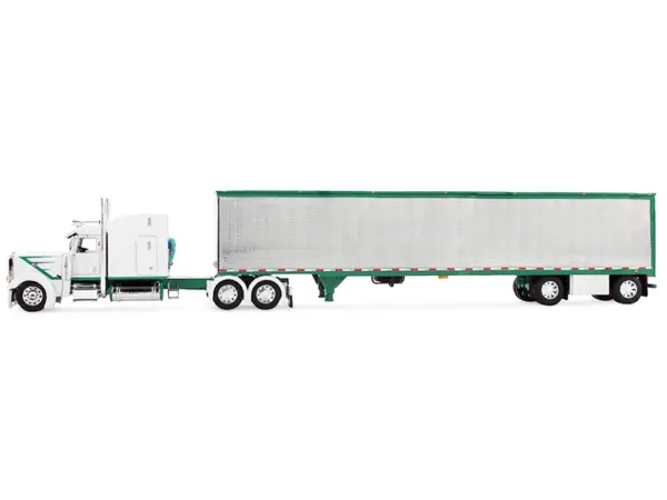 Peterbilt 389 with 63" Mid-Roof Sleeper and 53' Utility Trailer White with Green Stripes 1/64 Diecast Model by DCP/First Gear #3