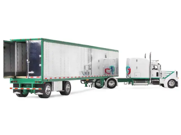 Peterbilt 389 with 63" Mid-Roof Sleeper and 53' Utility Trailer White with Green Stripes 1/64 Diecast Model by DCP/First Gear #4