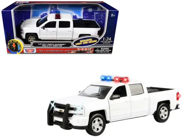 2017 Chevrolet Silverado 1500 LT Z71 Crew Cab Pickup Truck White with Flashing Light Bar and Front and Rear Lights and Sounds 1/27 Diecast Model Car by Motormax #1