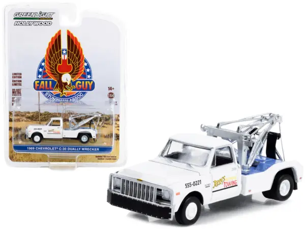 1969 Chevrolet C-30 Dually Wrecker Tow Truck White "Jerry’s Towing" "Fall Guy Stuntman Association" Hollywood Special Edition 1/64 Diecast Model Car by Greenlight #1