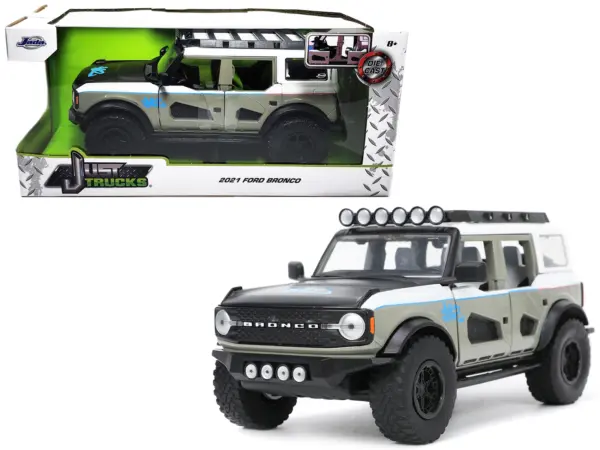 2021 Ford Bronco Gray and White with Matt Black Hood with Roof Rack "M2 Motoring" "Just Trucks" Series 1/24 Diecast Model Car by Jada #1