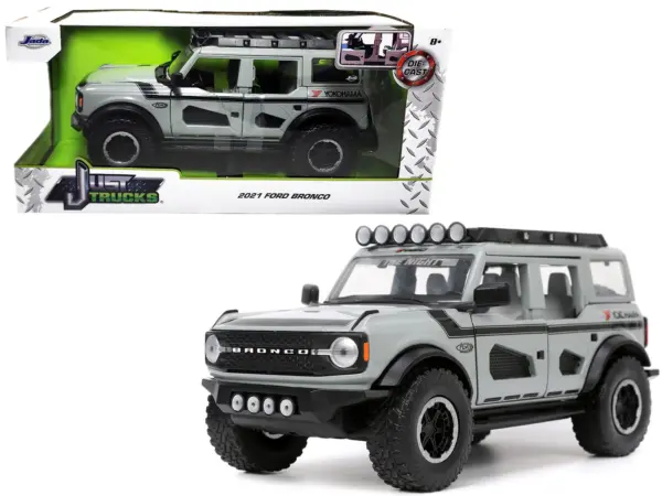 2021 Ford Bronco Gray with Black Stripes with Roof Rack "Own the Night" "Just Trucks" Series 1/24 Diecast Model Car by Jada #1