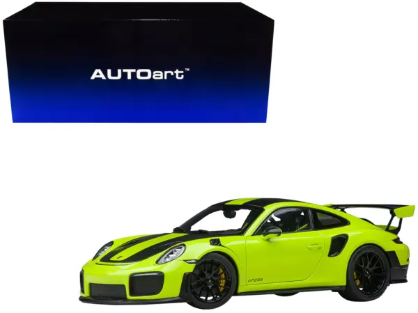Porsche 911 (991.2) GT2 RS Weissach Package Acid Green with Carbon Stripes 1/18 Model Car by Autoart #1