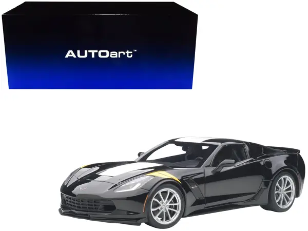 2017 Chevrolet Corvette C7 Grand Sport Black with White Stripe and Yellow Fender Hash Marks 1/18 Model Car by Autoart #1