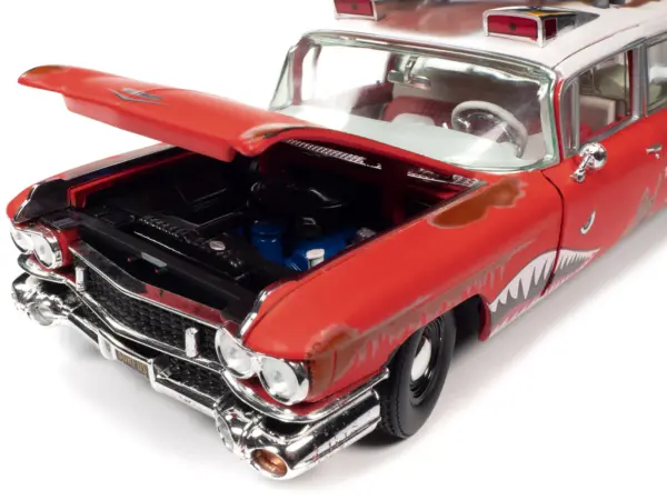 1959 Cadillac Eldorado Ambulance Red with White Top "Malibu Beach Rescue" (Weathered) with Surfboards on Roof "Surf Shark" 1/18 Diecast Model Car by Auto World #3