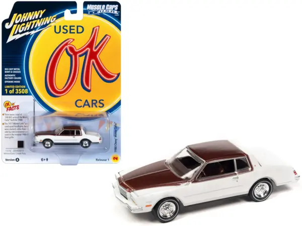 1980 Chevrolet Monte Carlo White and Dark Claret Brown Metallic Top and Hood Limited Edition to 3508 pieces Worldwide "OK Used Cars" 2023 Series 1/64 Diecast Model Car by Johnny Lightning #1