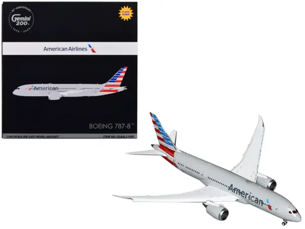 Boeing 787-8 Commercial Aircraft with Flaps Down "American Airlines" Gray with Tail Stripes "Gemini 200" Series 1/200 Diecast Model Airplane by GeminiJets #1