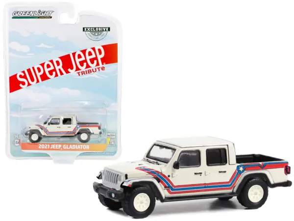 2021 Jeep Gladiator Pickup Truck "Super Jeep Tribute" White with Red and Blue Stripes "Hobby Exclusive" Series 1/64 Diecast Model Car by Greenlight #1