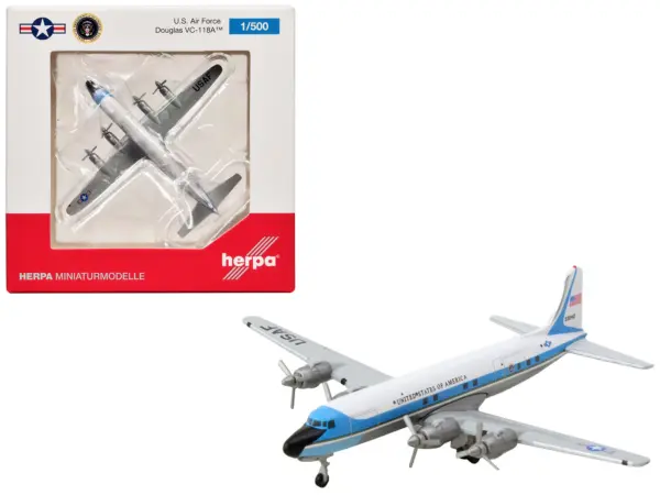 Douglas VC-118A Transport Aircraft "United States Air Force One 1254th Air Transport Wing Andrews Air Base" (53-3240) White with Blue Stripes 1/500 Diecast Model Airplane by Herpa #1