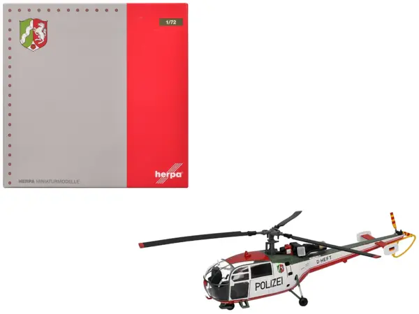 Aerospatiale Alouette III Helicopter "Polizeifliegerstaffel Nordrhein-Westfalen (Police Aviation Squadron North Rhine-Westphalia)" (D-HEFT) White with Red and Green Stripes 1/72 Diecast Model by Herpa #1