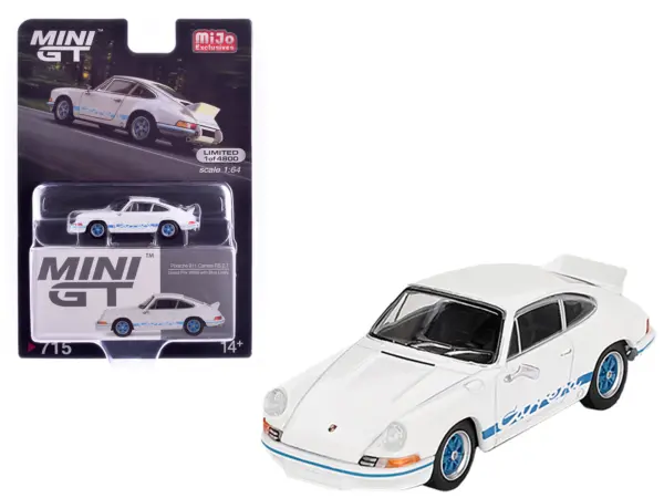 Porsche 911 Carrera RS 2.7 Grand Prix White with Blue Stripes and Wheels Limited Edition to 4800 pieces Worldwide 1/64 Diecast Model Car by Mini GT #1