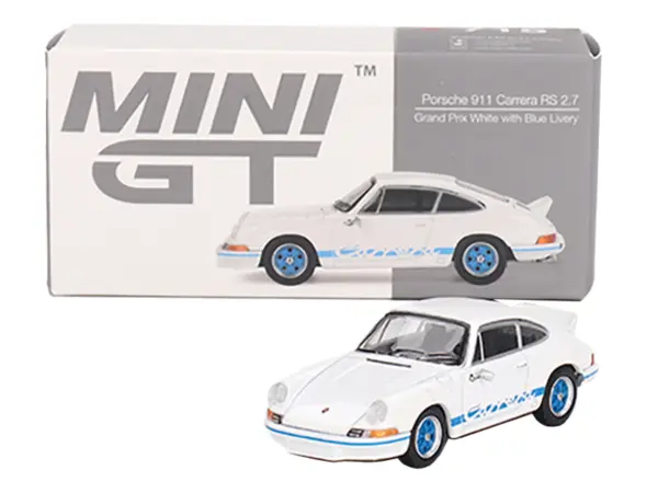 Porsche 911 Carrera RS 2.7 Grand Prix White with Blue Stripes and Wheels Limited Edition to 4800 pieces Worldwide 1/64 Diecast Model Car by Mini GT #4