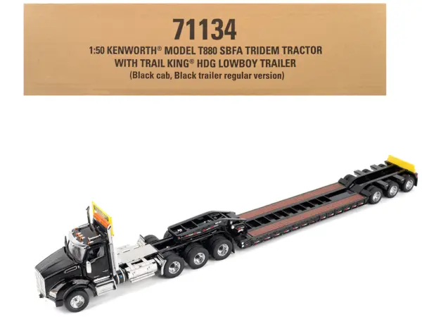 Kenworth T880 SBFA Tridem Truck with Trail King HDG Lowboy Trailer Black "Transport Series" 1/50 Diecast Model by Diecast Masters #1