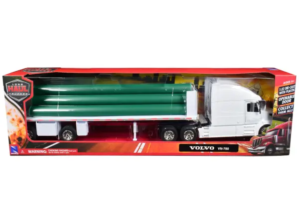 Volvo VN-780 Truck with Flatbed Trailer and Long Pipes White "Long Haul Truckers" Series 1/32 Diecast Model by New Ray #3