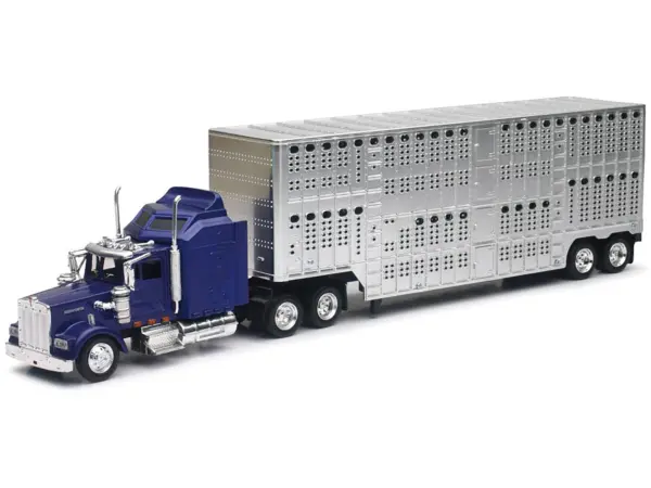 Kenworth W900 Truck Blue with Potbelly Livestock Trailer Chrome "Long Haul Truckers" Series 1/43 Diecast Model by New Ray #2