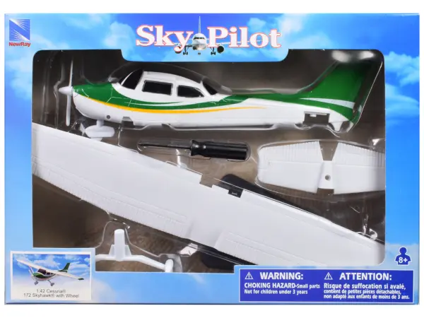 Model Kit Cessna 172 Skyhawk Aircraft White with Green and Yellow Stripes "Sky Pilot" Series 1/42 Plastic Model Kit by New Ray #3