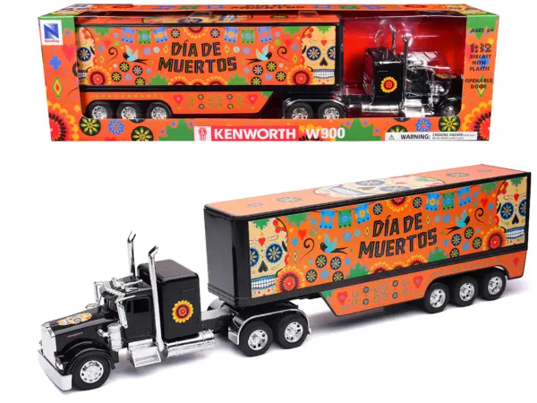 Kenworth W900 Truck Black with Graphics and Dry Van Trailer "Dia De Muertos" 1/32 Diecast Model by New Ray #1