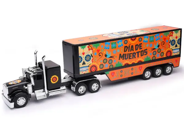 Kenworth W900 Truck Black with Graphics and Dry Van Trailer "Dia De Muertos" 1/32 Diecast Model by New Ray #2