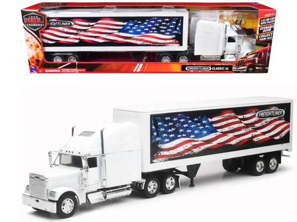 Freightliner Classic XL Truck White with Dry Van Trailer White with Patriotic Graphic "Long Haul Truckers" Series 1/32 Diecast Model by New Ray #1