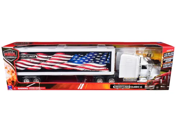 Freightliner Classic XL Truck White with Dry Van Trailer White with Patriotic Graphic "Long Haul Truckers" Series 1/32 Diecast Model by New Ray #3