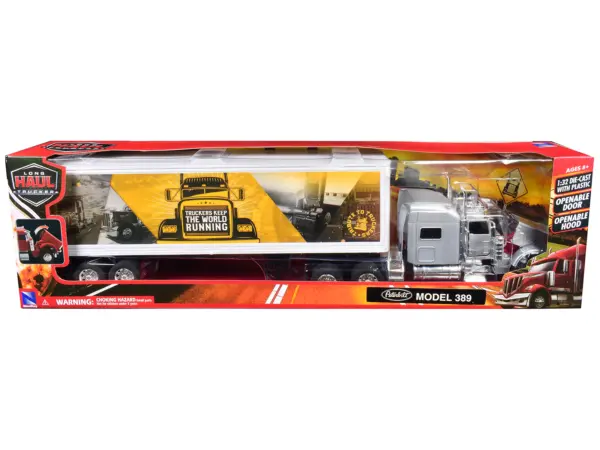 Peterbilt 389 Truck Silver Metallic with Dry Van Trailer "Trucker Keep The World Running" "Long Haul Truckers" Series 1/32 Diecast Model by New Ray #3