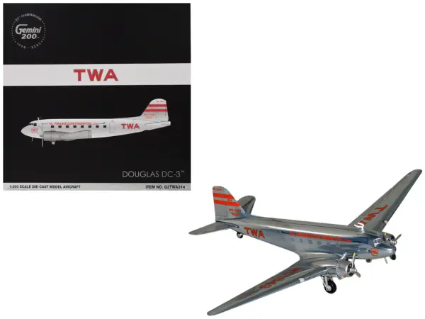 Douglas DC-3 Commercial Aircraft "TWA (Trans World Airlines)" (NC1943) Polished Metal Finish with Red Tail Stripes "Gemini 200" Series 1/200 Diecast Model Airplane by GeminiJets #1