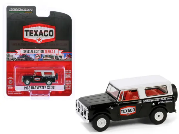 1963 Harvester Scout "Texaco" Black with White Top and Red Interior "Texaco Special Edition" Series 1 1/64 Diecast Model Car by Greenlight #1